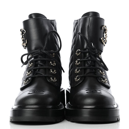 Chanel Shiny Lambskin Quilted Lace Up Combat Boots 38 Black 2 of 11