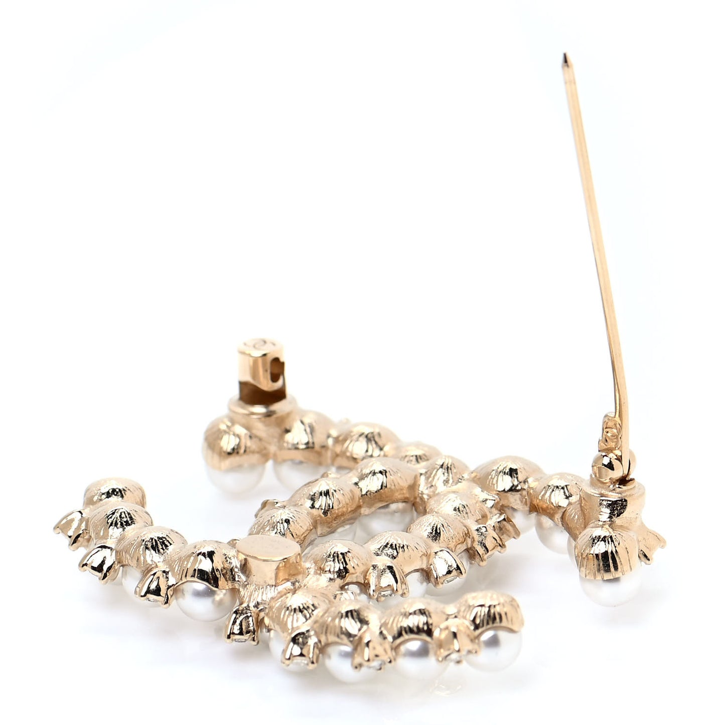 Crystal Pearl CC Brooch Gold