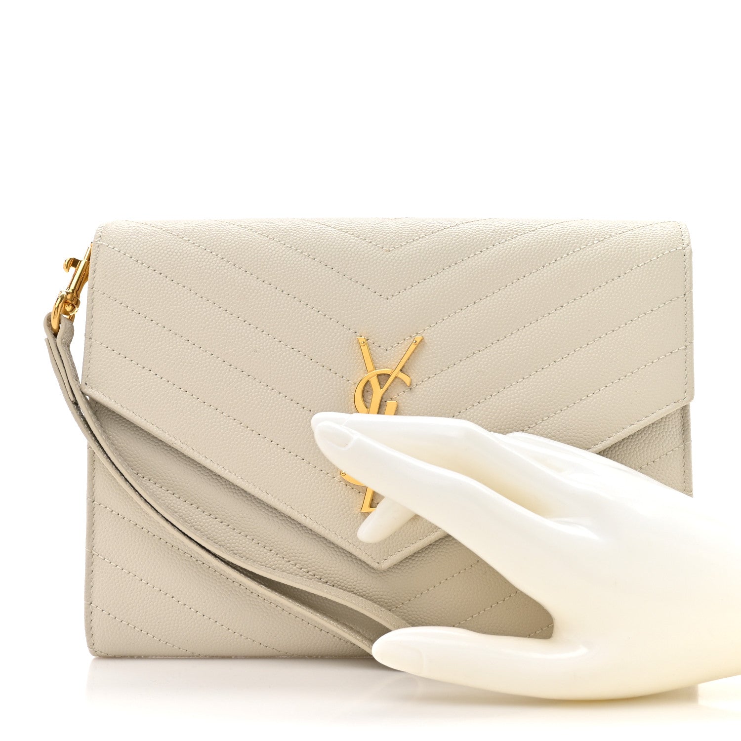 Saint Laurent Grain De Poudre Matelasse Chevron Monogram Envelope Clutch Blanc Vintage 2 of 9