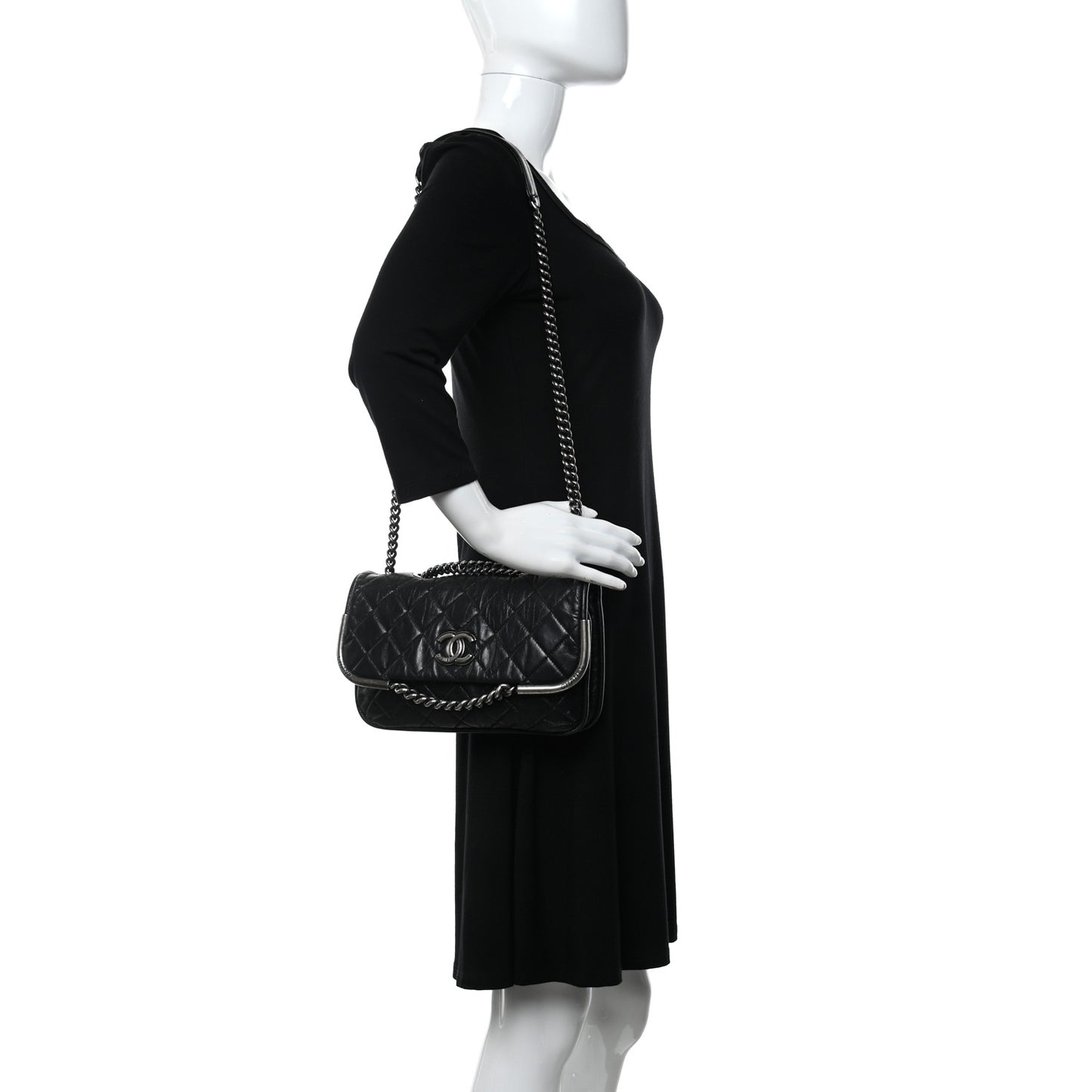 Glazed Calfskin Quilted Flap Black