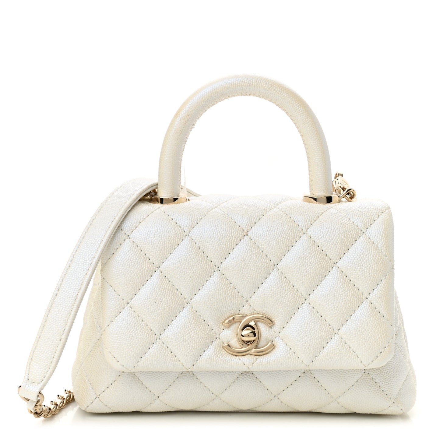 Iridescent Caviar Quilted Extra Mini Coco Handle Flap White
