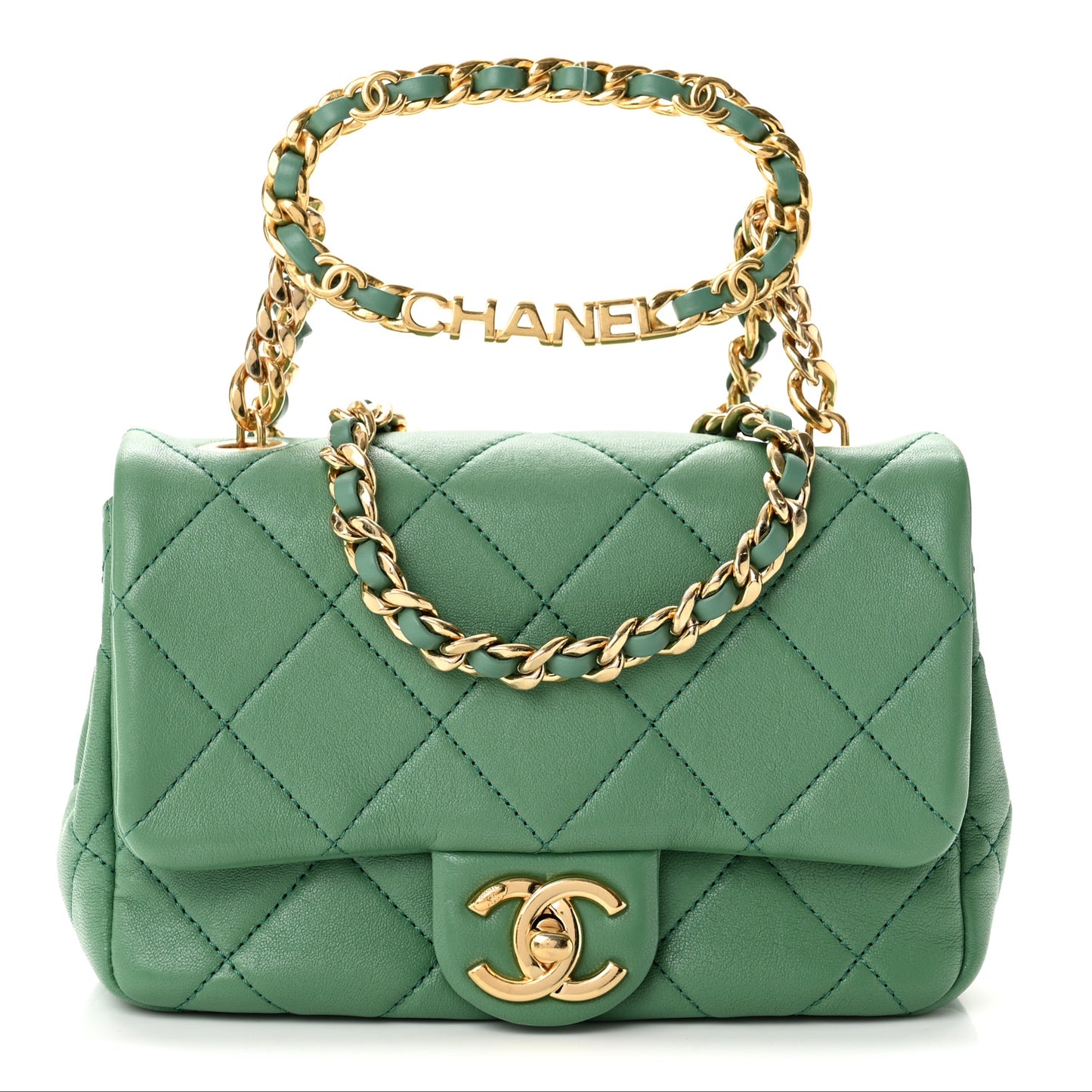 Lambskin Quilted Mini Logo Flap With Handle Green
