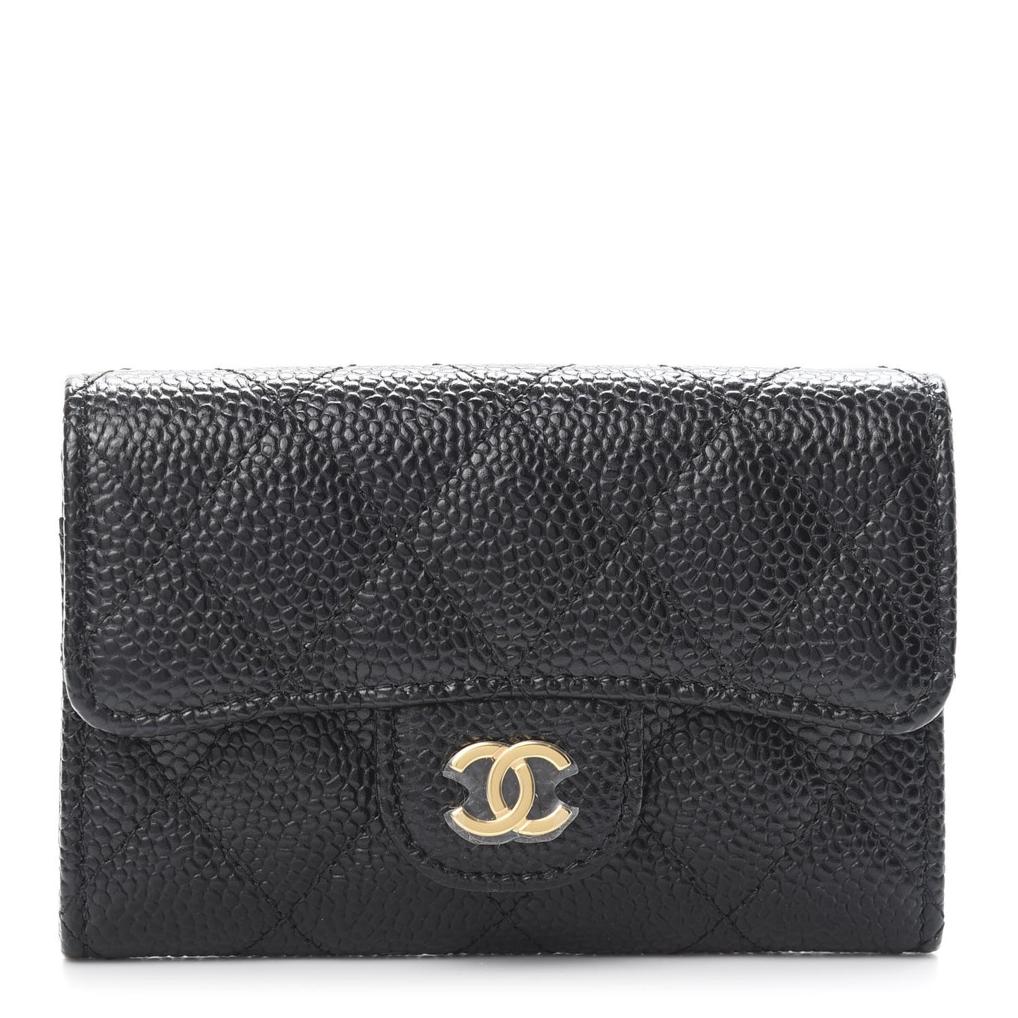 Caviar Quilted Flap Card Holder Wallet Black