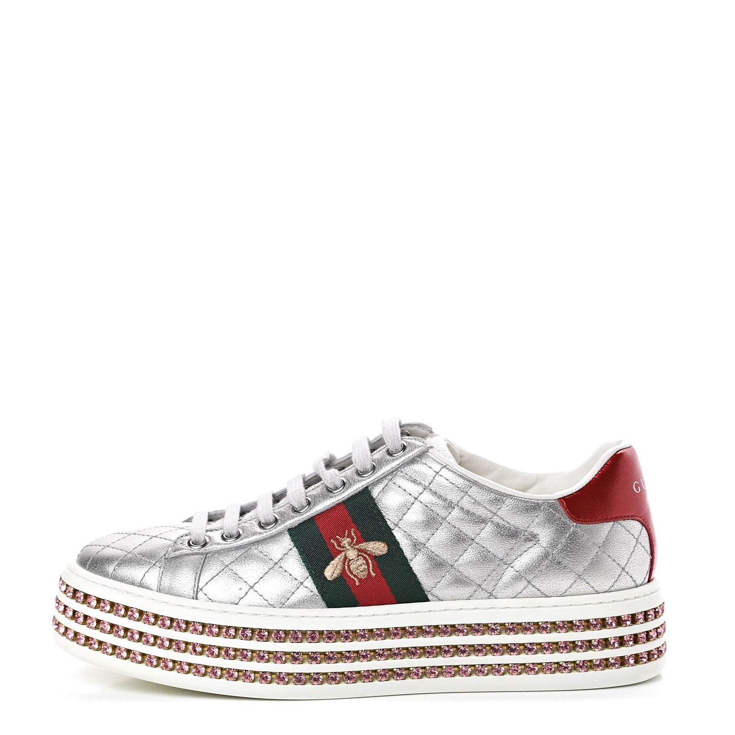 Laminated Nappa Crystal Web Bee Embroidered Trapuntata Womens Ace Platform Sneakers 36.5 Argento