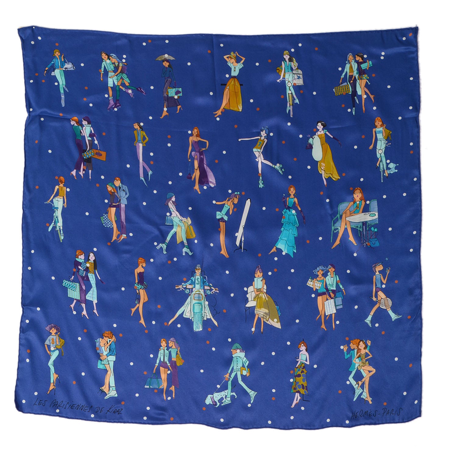 Hermes Silk Les Parisiennes De Kiraz Scarf 70 Indigo Turquoise