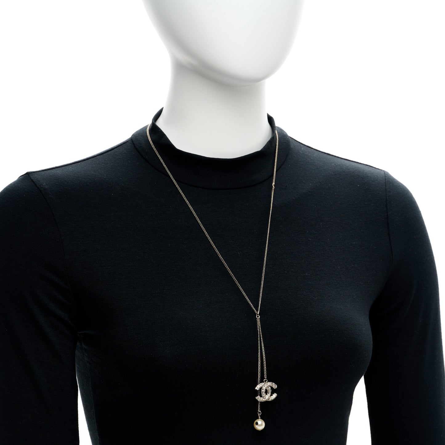 Baguette Crystal Pearl CC Lariat Necklace Silver