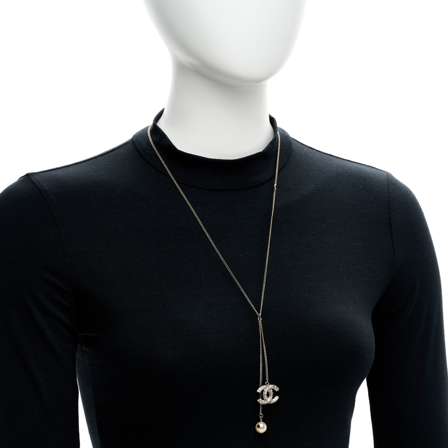 Chanel Baguette Crystal Pearl CC Lariat Necklace Silver 2 of 5