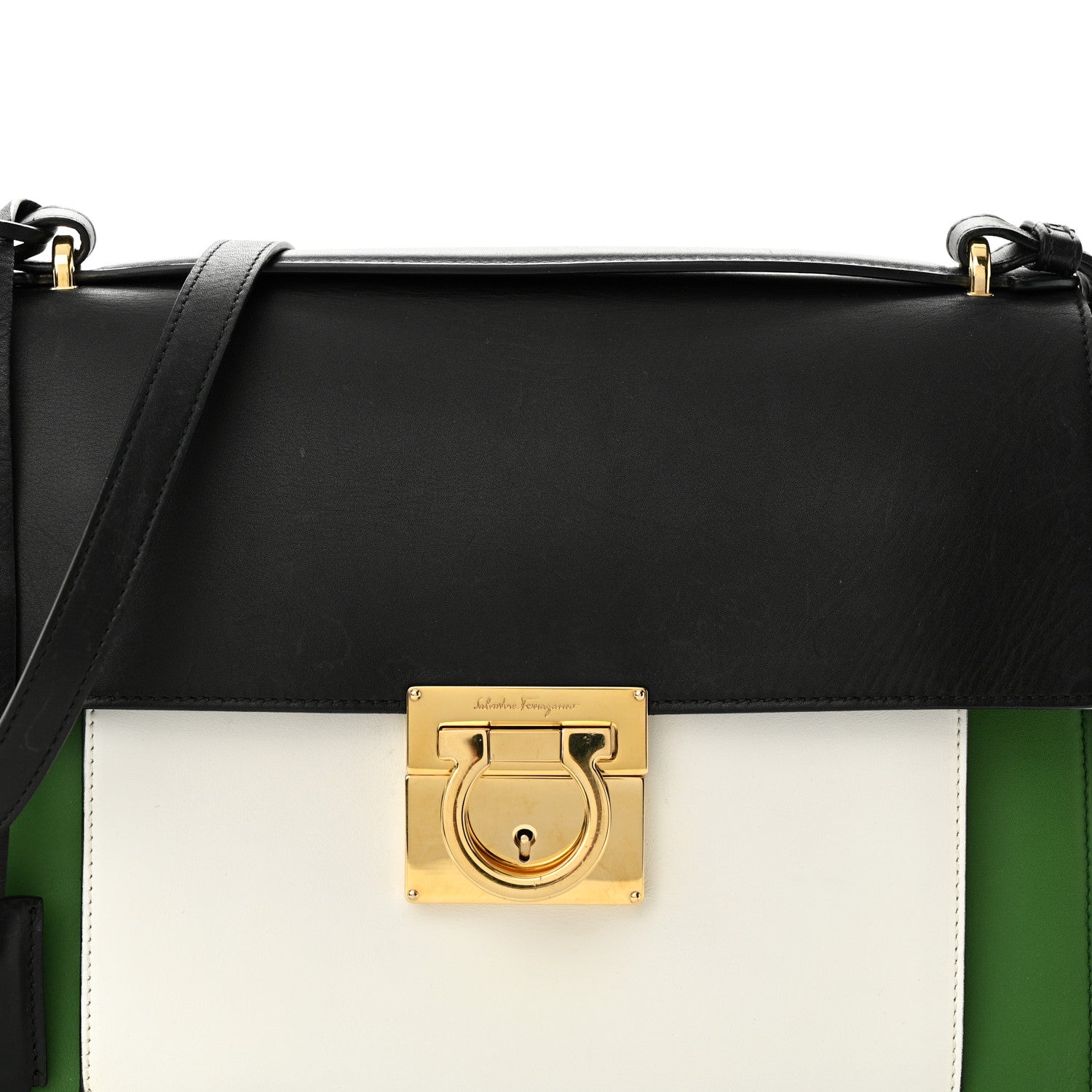 Salvatore Ferragamo Calfskin Colorblock Marisol Top Handle Shoulder Bag Black Green White 7 of 10
