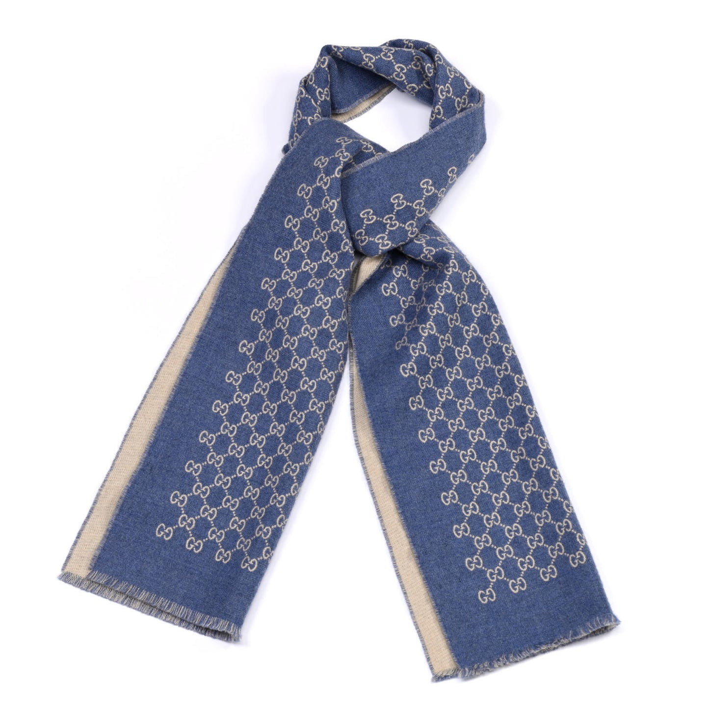 Wool Jacquard Monogram Fringe Scarf Blue Beige