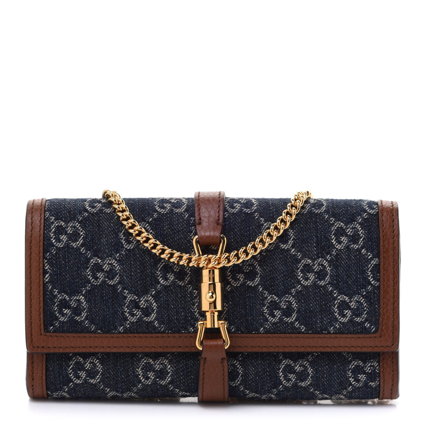 New Denim GG Monogram Jackie 1961 Chain Wallet Blue Tea Cuir