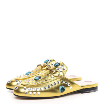 Gucci Metallic Nappa Crystal Womens Princetown Slippers 35.5 Gold 3 of 9