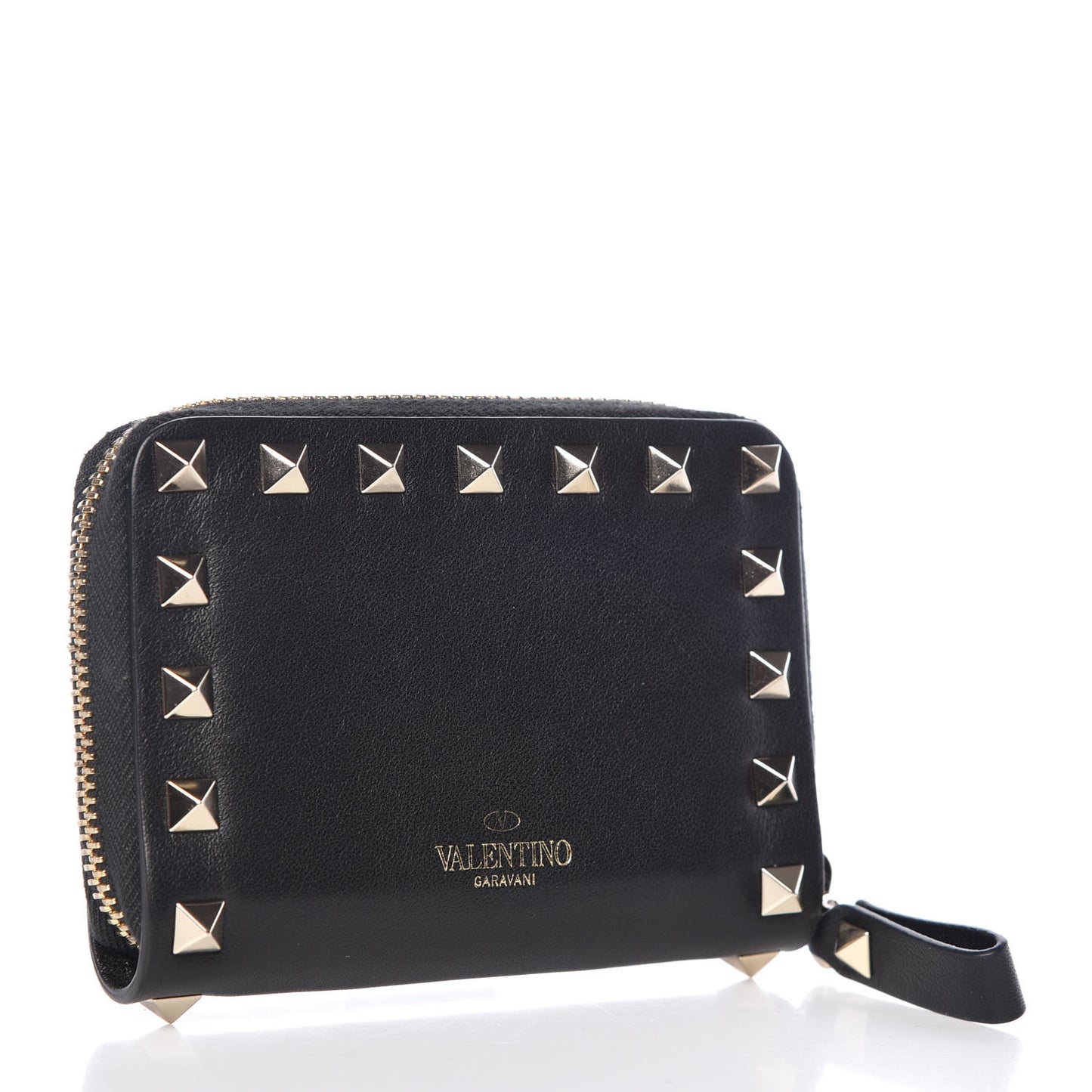 Calfskin Rockstud Zip Around Coin Case Card Holder Black