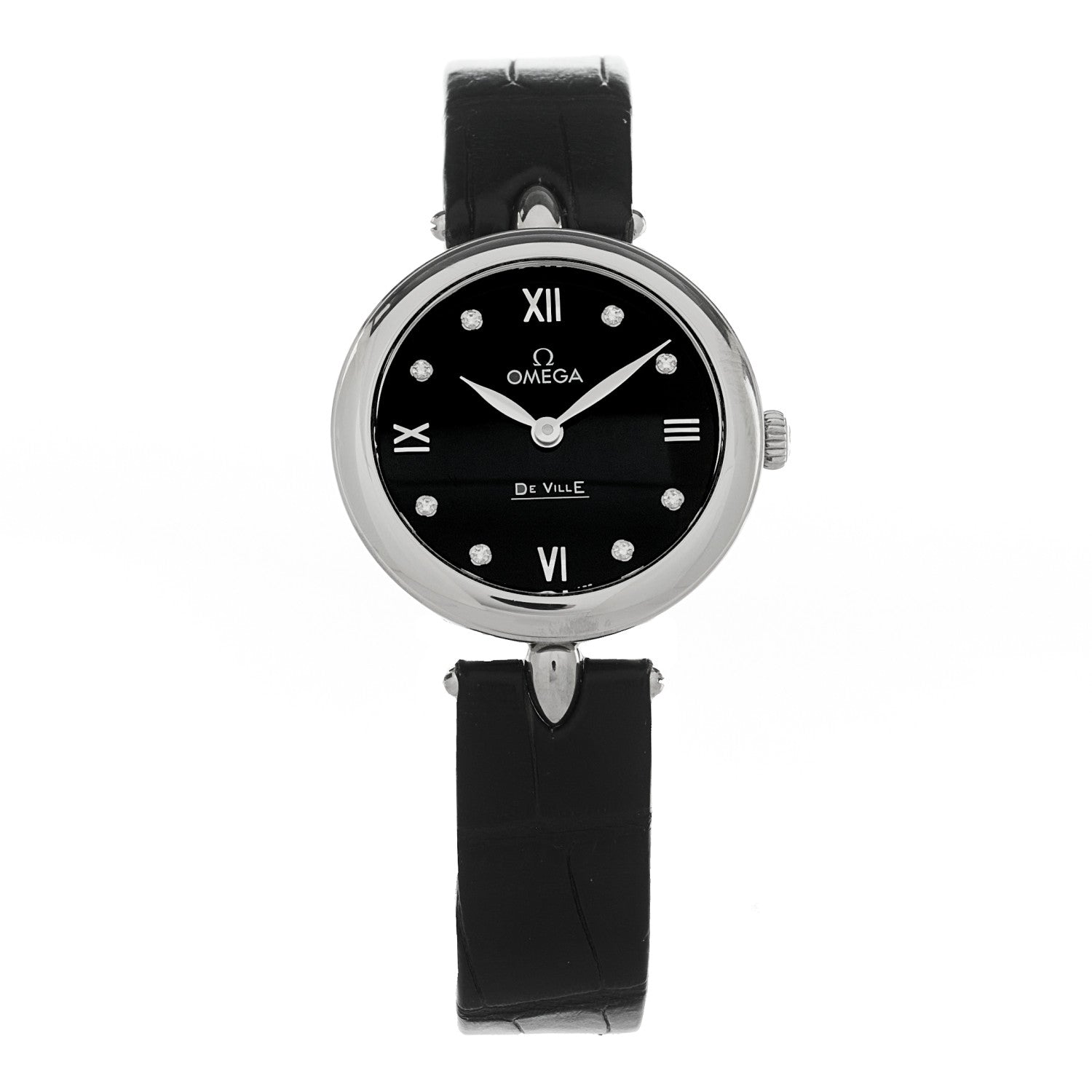 Omega Stainless Steel Alligator Diamond 27mm De Ville Quartz Watch Black 424.13.27.60.51.001 1 of 4