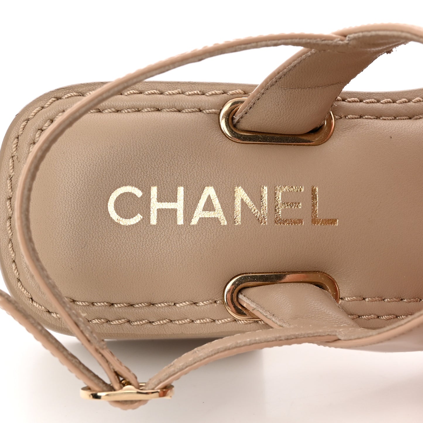 Lambskin Patent Chain CC Logo Thong Sandals 36.5 Beige