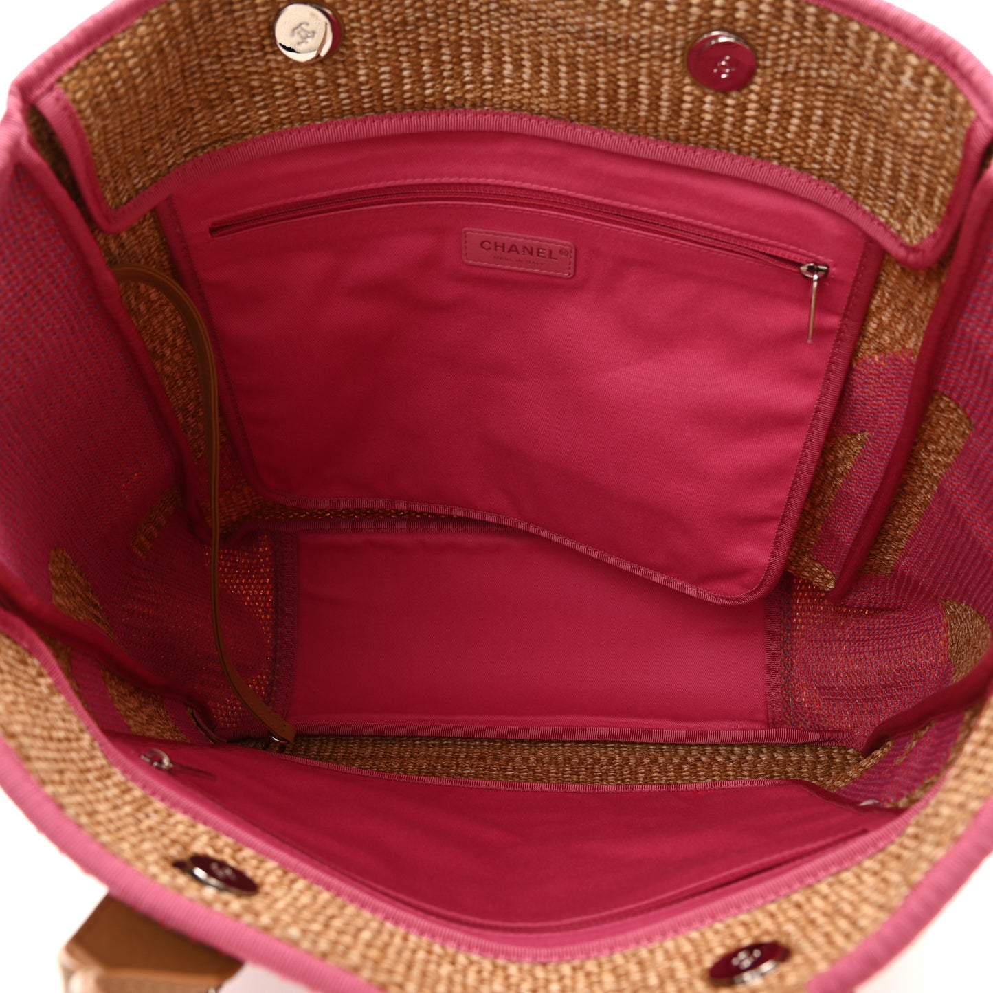 Woven Straw Raffia Logo Tote Pink Beige