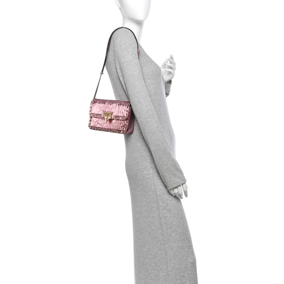 Metallic Crackle Effect Calfskin Rockstud Flip Lock Shoulder Bag Rose Cannelle