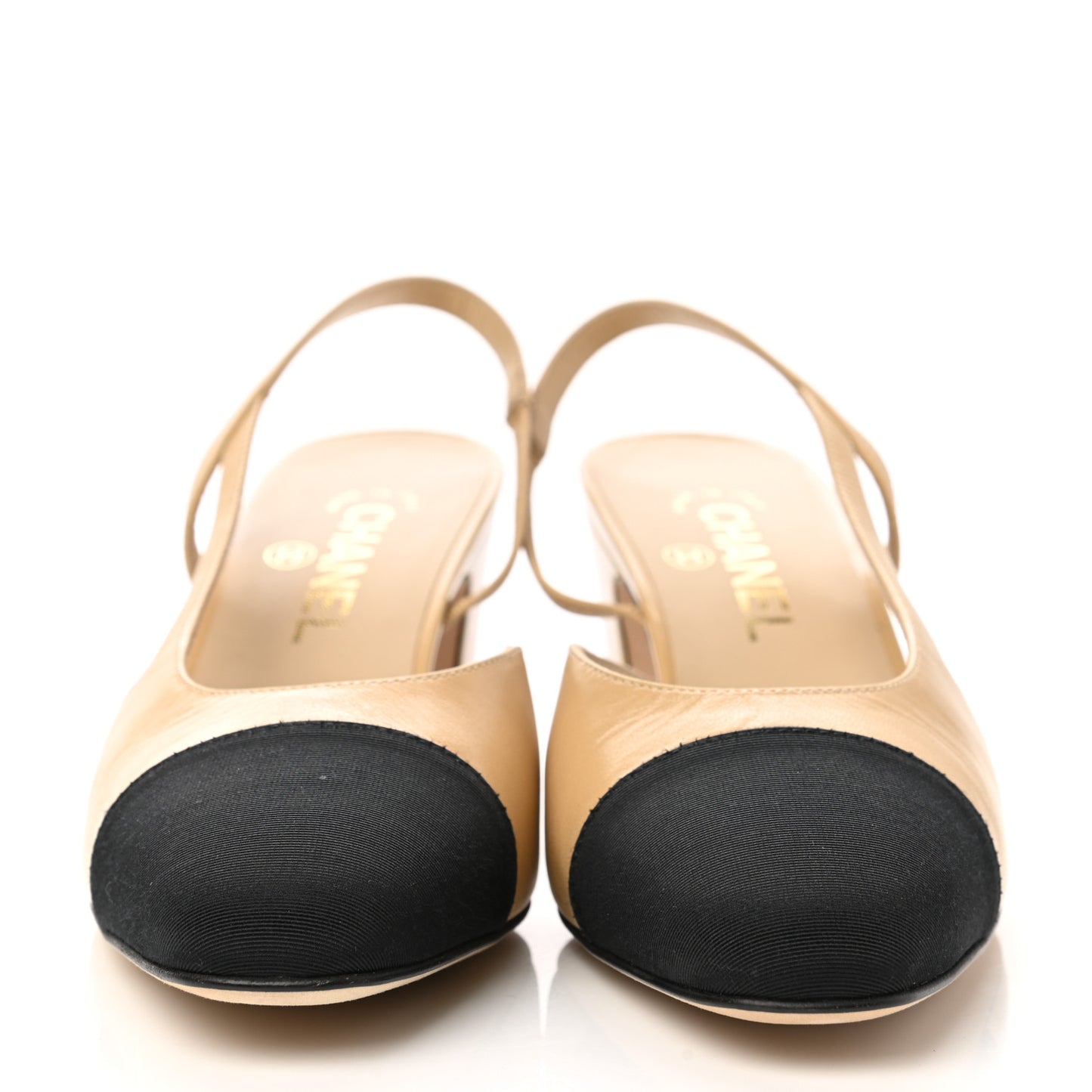 Goatskin Grosgrain Cap Toe CC Slingback Pumps 38.5 Beige Black