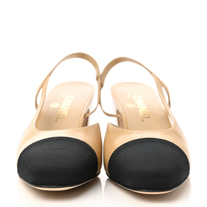 Chanel Goatskin Grosgrain Cap Toe CC Slingback Pumps 38.5 Beige Black 2 of 9