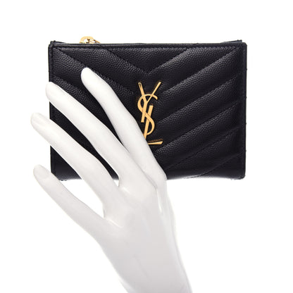 Saint Laurent Grain De Poudre Matelasse Chevron Monogram Zipped Two-Part Wallet Black 2 of 7