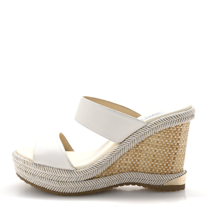 Jimmy Choo Calfskin Raffia Parker 100 Wedge Sandals 37 Milk 1 of 9