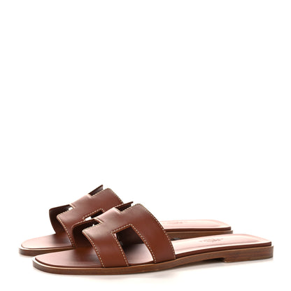 Hermes Box Calfskin Oran Sandals 37 Gold 3 of 9