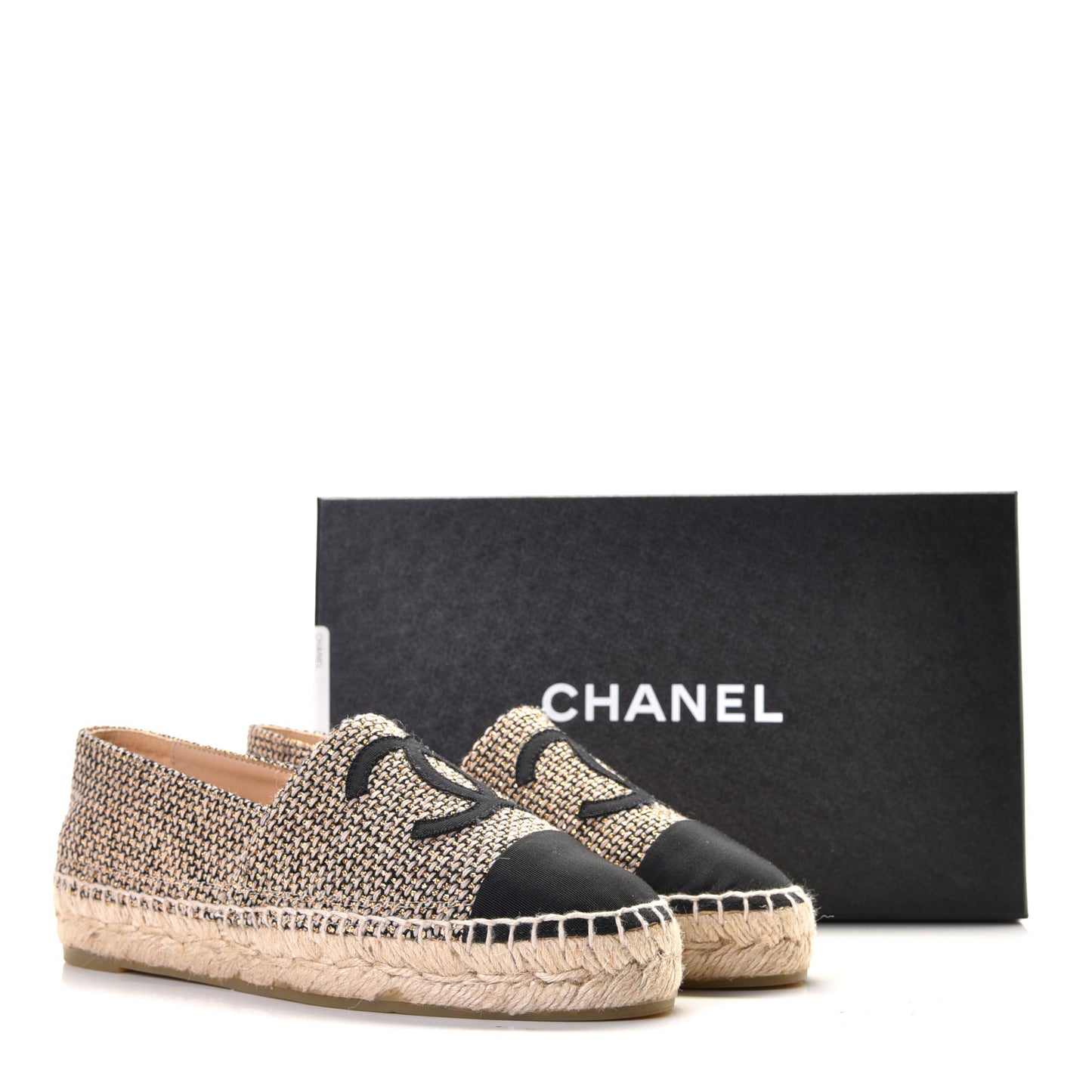 Tweed Grosgrain CC Espadrilles 36 Gold Beige Black