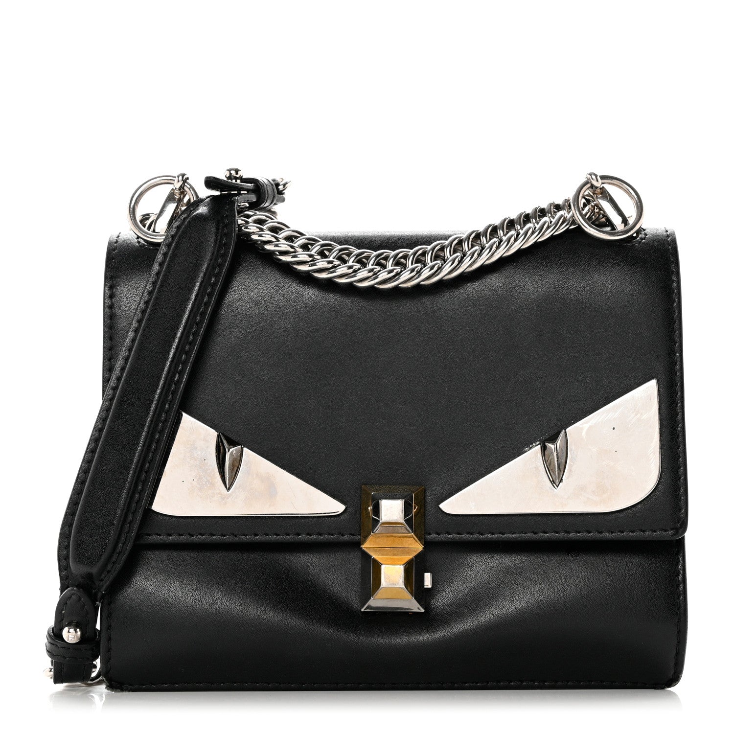 Fendi Vitello Liberty Lucido Metal Monster Eyes Studded Small Kan I Shoulder Bag Black 1 of 9