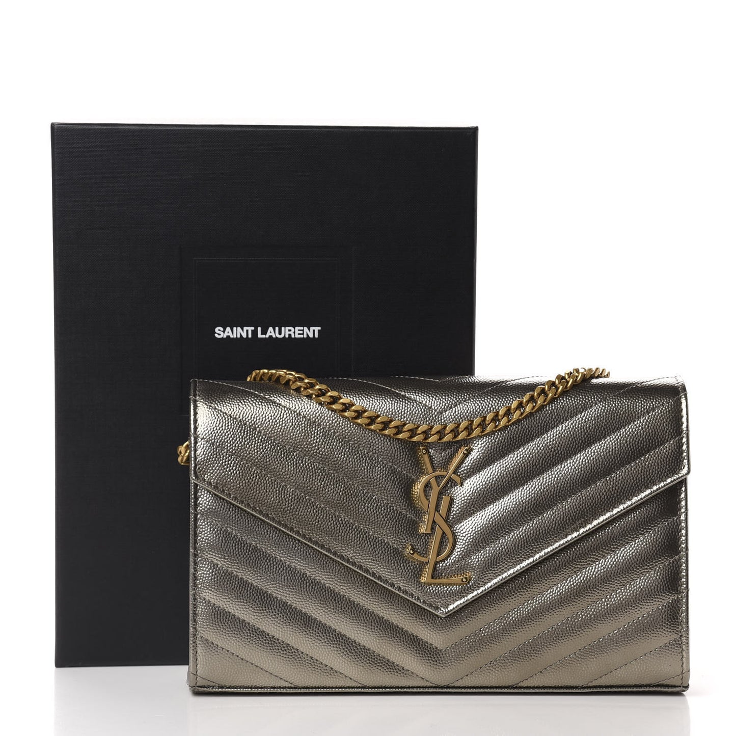 Metallic Grain De Poudre Matelasse Chevron Monogram Chain Wallet Piombo