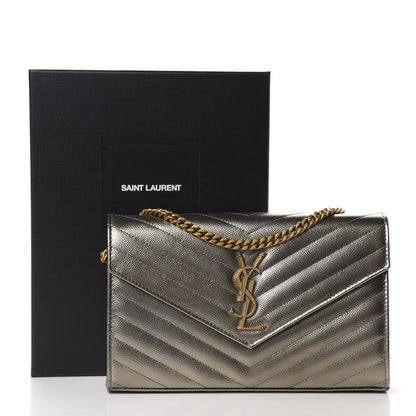 Saint Laurent Metallic Grain De Poudre Matelasse Chevron Monogram Chain Wallet Piombo 12 of 12