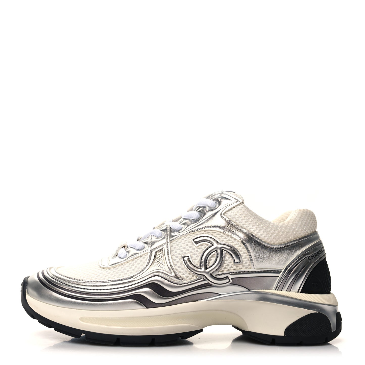 Fabric Laminated Calfskin Stretch CC Womens Sneakers 38 White Gold Silver