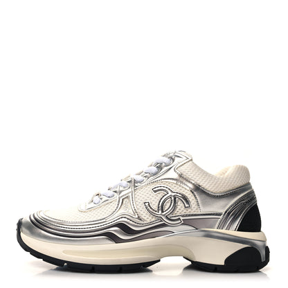 Chanel Fabric Laminated Calfskin Stretch CC Womens Sneakers 38 White Gold Silver 1 of 9