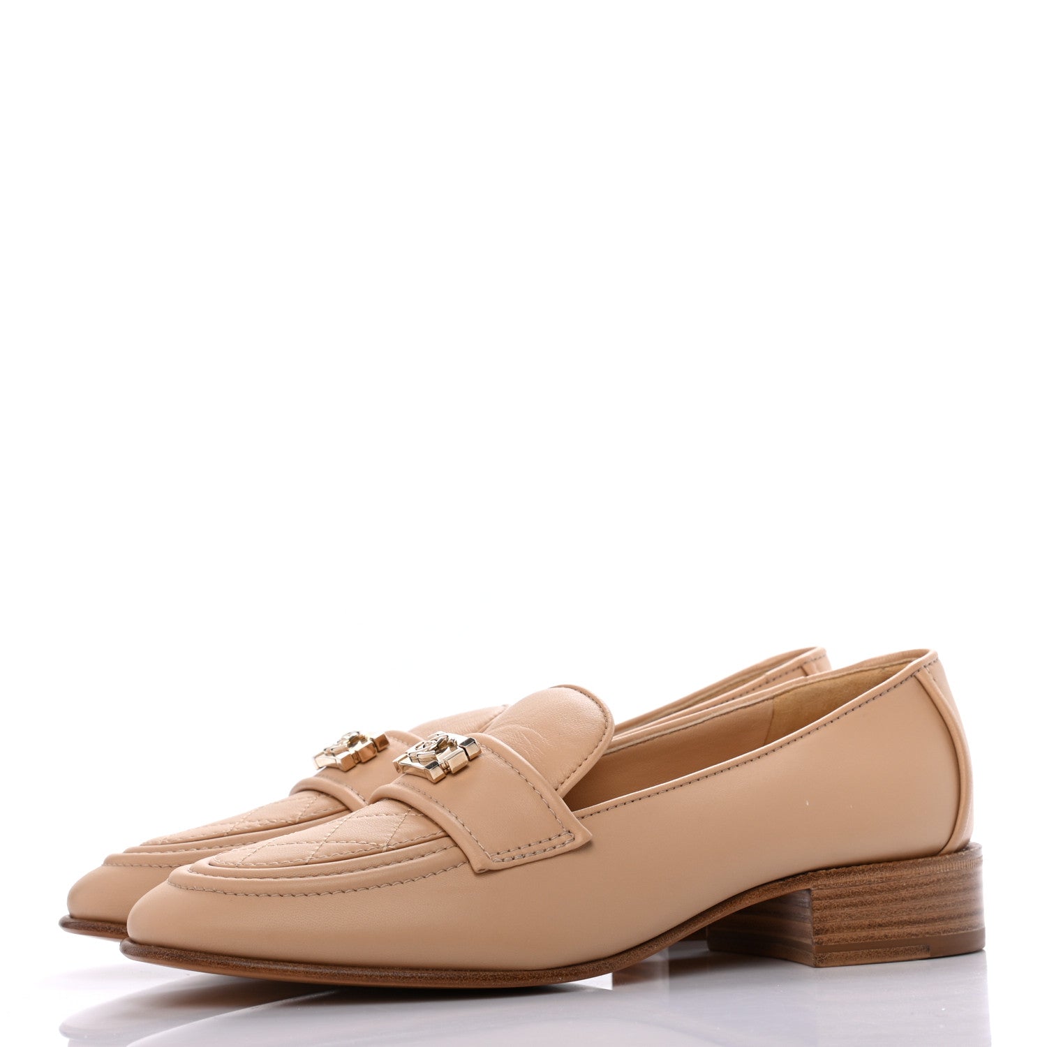 Chanel Lambskin Quilted Womens CC Loafers 37.5 Beige 3 of 9