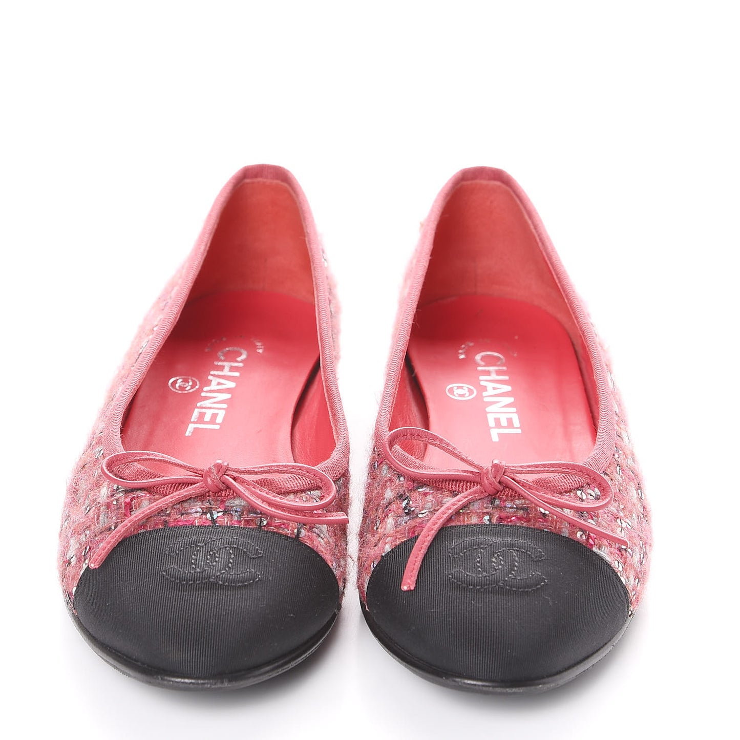 Tweed Grosgrain Sequin Cap Toe Ballerina Flats 37.5 Pink Black