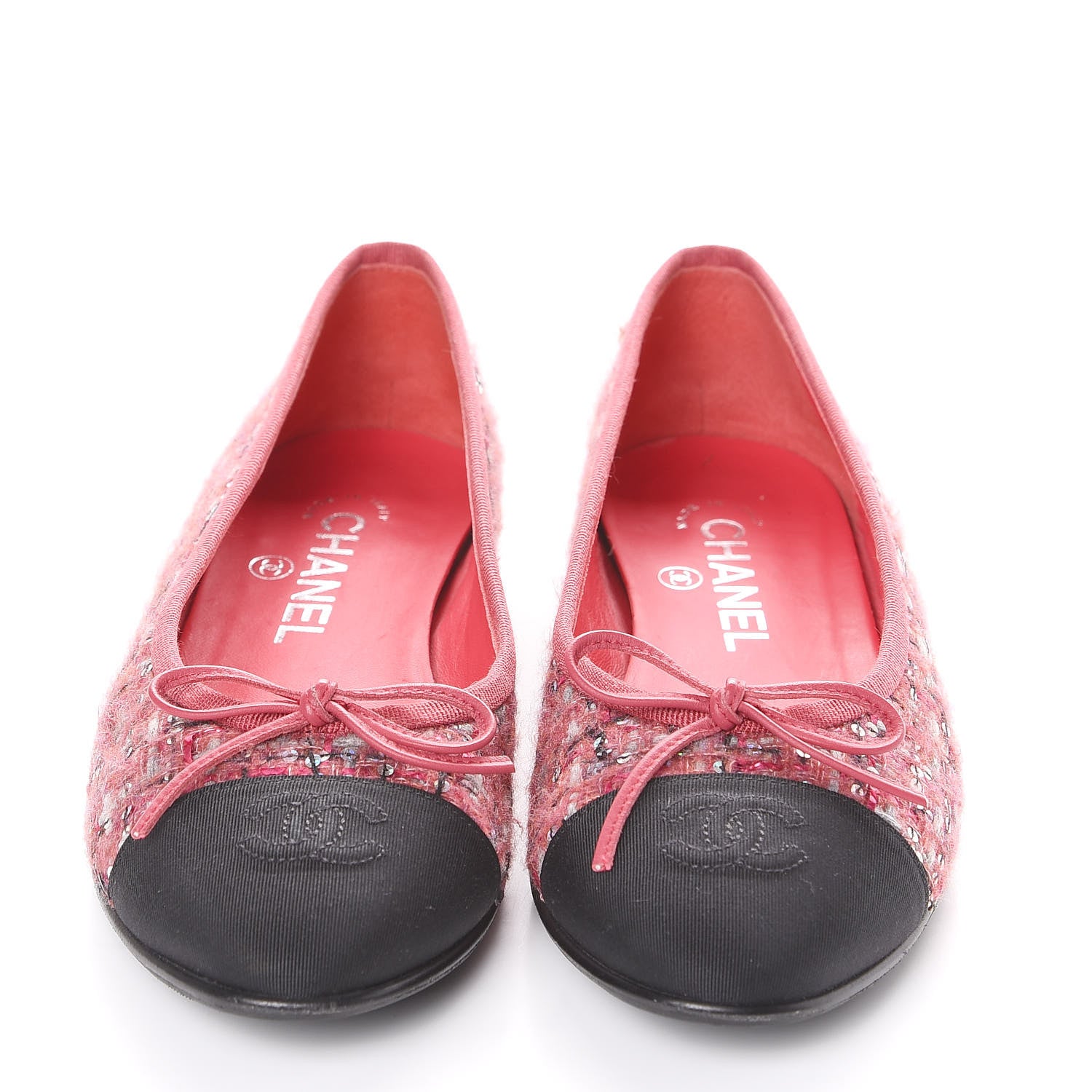Chanel Tweed Grosgrain Sequin Cap Toe Ballerina Flats 37.5 Pink Black 3 of 11
