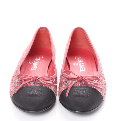 Chanel Tweed Grosgrain Sequin Cap Toe Ballerina Flats 37.5 Pink Black 3 of 11