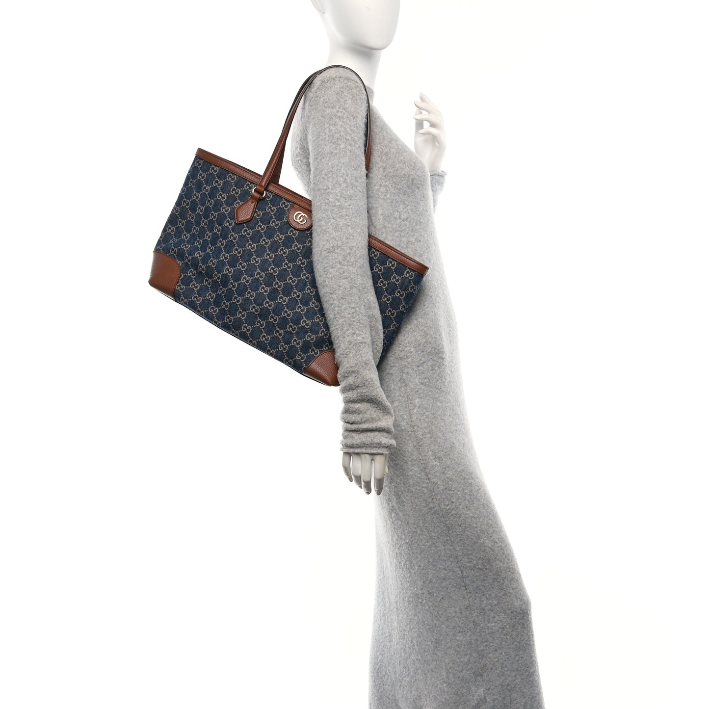 New Denim GG Monogram Medium Ophidia Shopping Tote Blue Tea Cuir