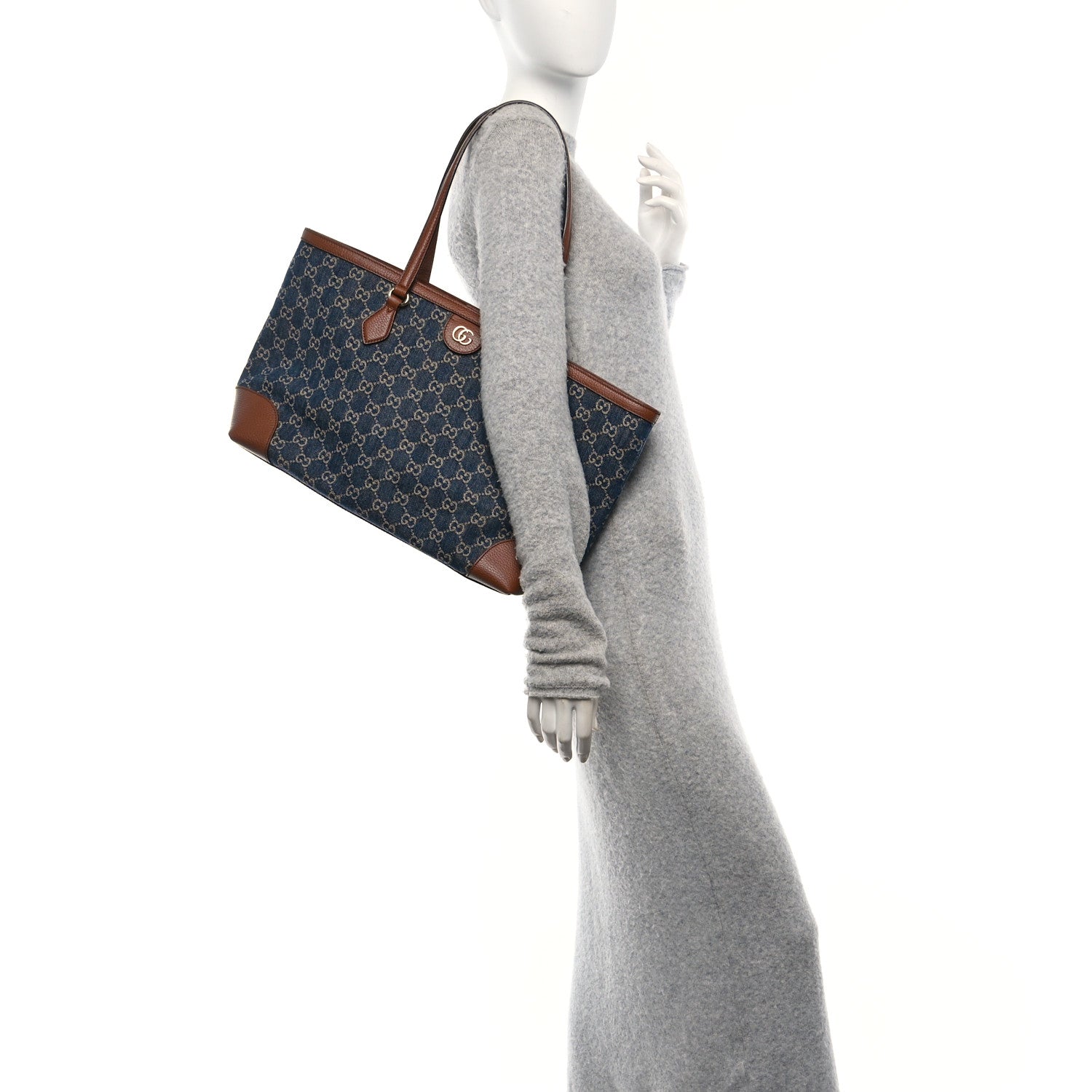 Gucci New Denim GG Monogram Medium Ophidia Shopping Tote Blue Tea Cuir 2 of 10