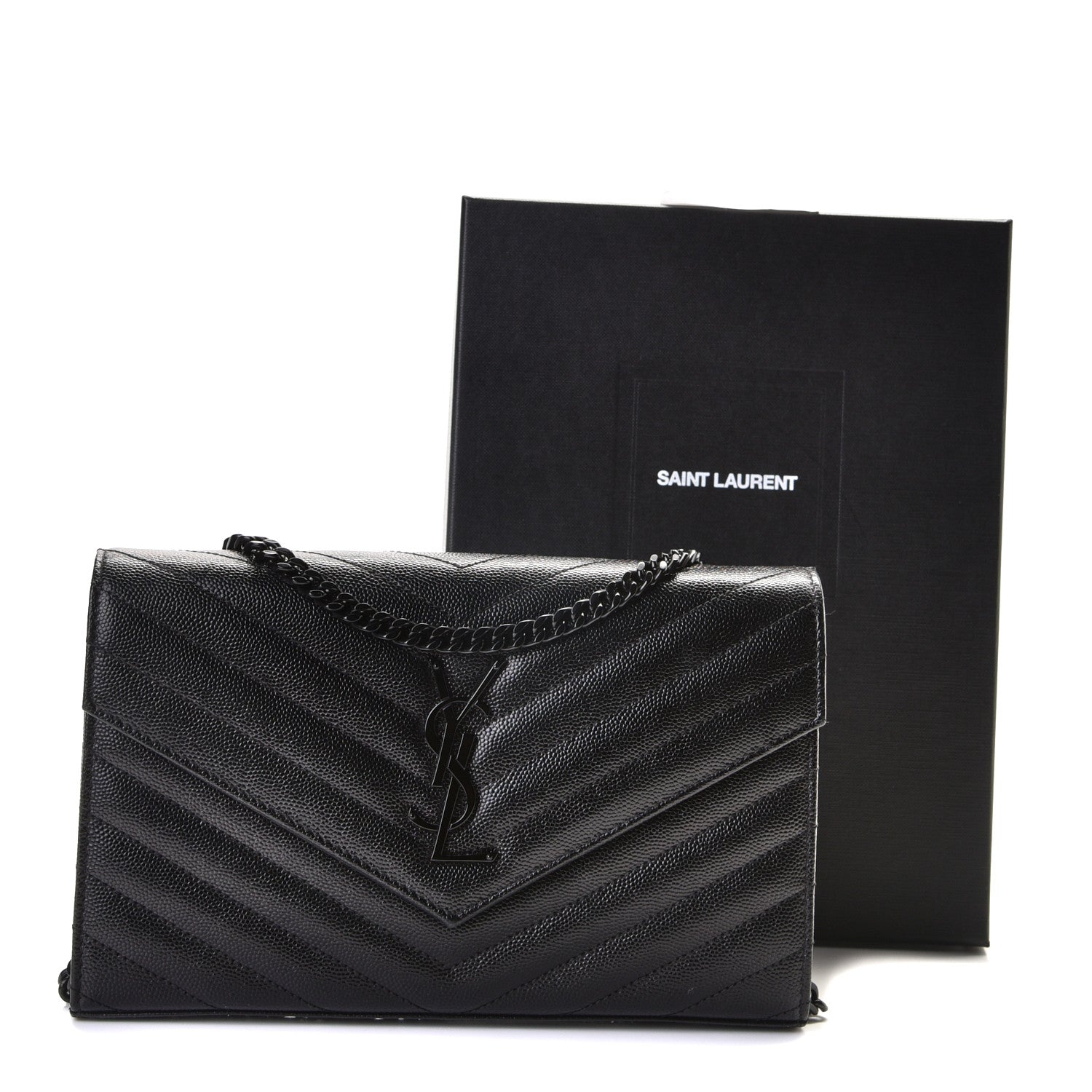 Saint Laurent Grain De Poudre Matelasse Chevron Monogram Chain Wallet Black 7 of 7