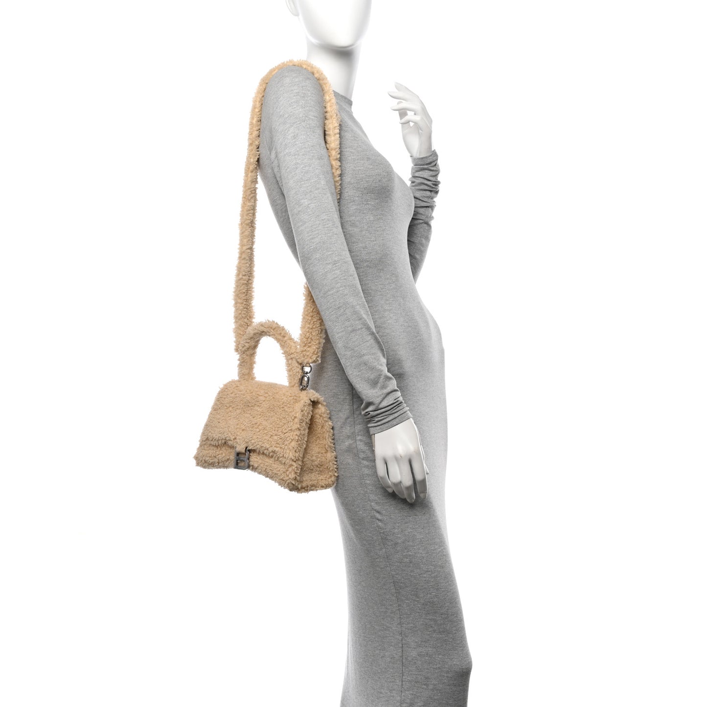 Curly Faux Shearling Small Hourglass Top Handle Bag Beige