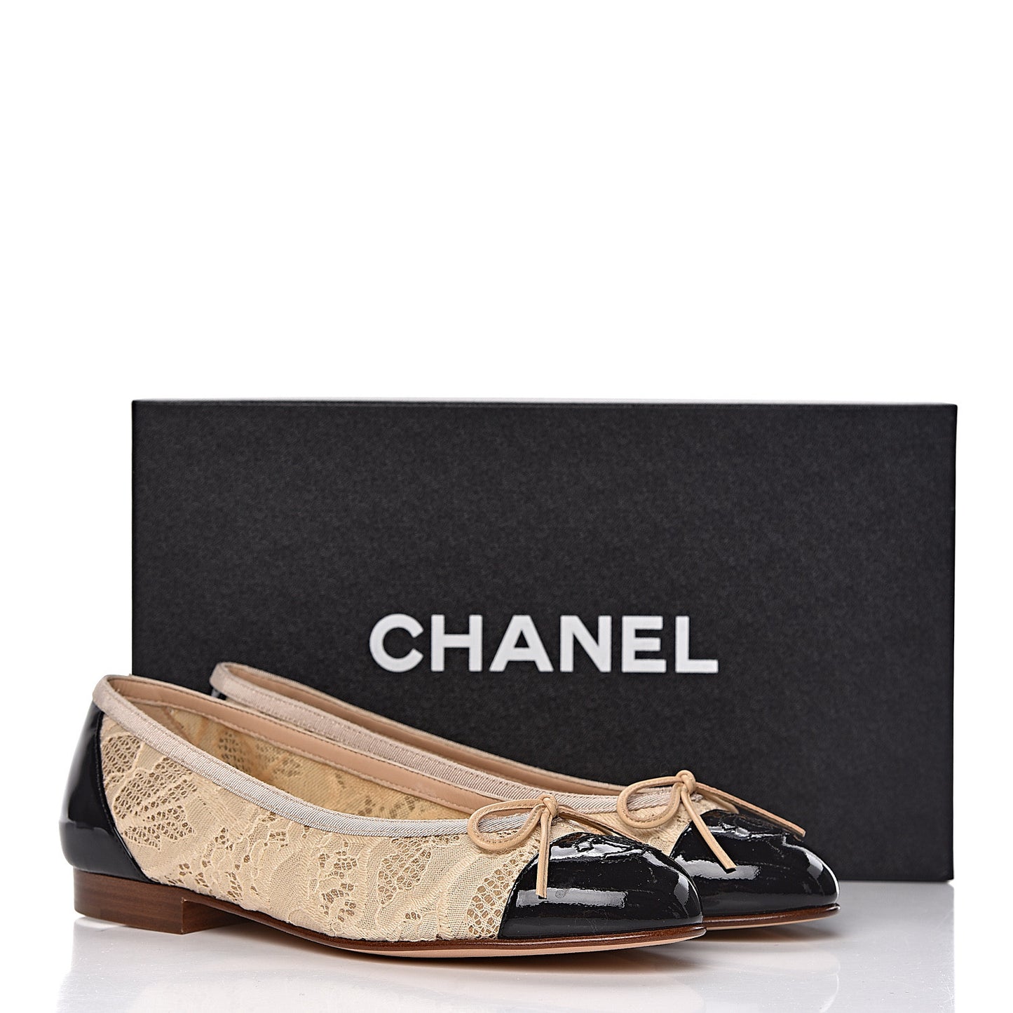 Lace Patent Cap Toe CC Ballerina Flats 35 Beige Black