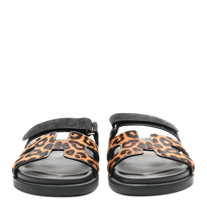 Hermes Moire Calfskin Suede Goatskin Womens Leopard Chypre Sandals 40 Gold Black 3 of 9