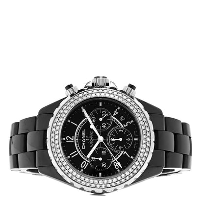 Chanel Stainless Steel Ceramic Diamond Bezel 41mm J12 Chronograph Automatic Watch Black 2 of 4
