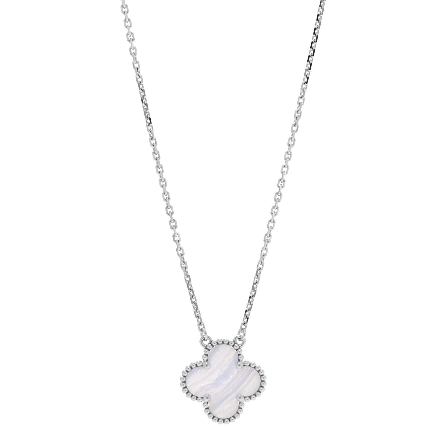 18K White Gold Chalcedony Vintage Alhambra Pendant Necklace