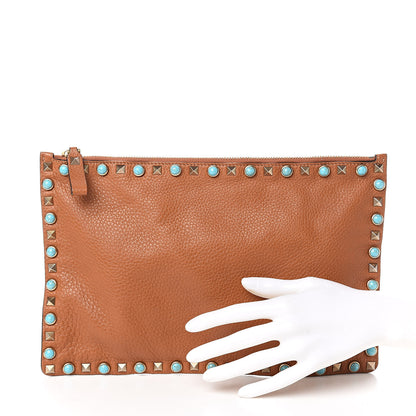 Valentino Garavani Pebbled Calfskin Turquoise Large Rockstud Rolling Zip Pouch Brown 2 of 7