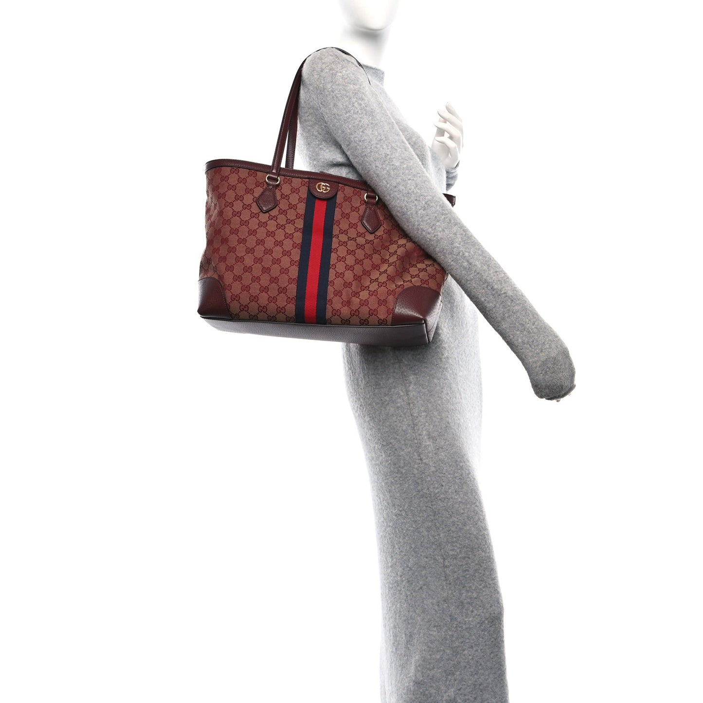 Monogram Textured Dollar Calfskin Web Medium Ophidia Shopping Tote Sahara Rubino Chardonnay