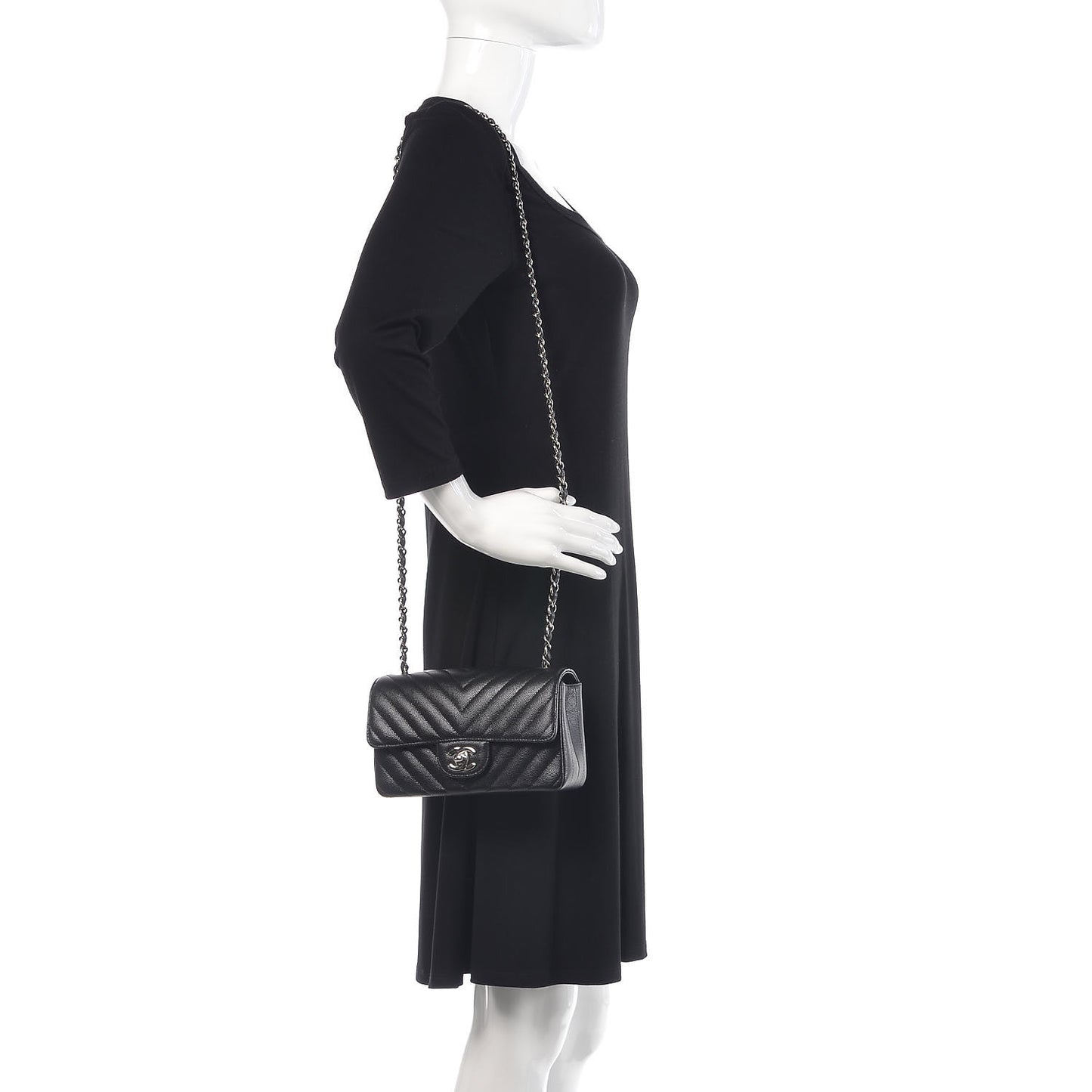 Caviar Chevron Quilted Mini Rectangular Flap Black