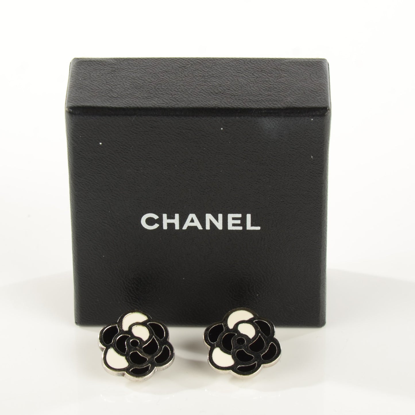 Enamel Camellia Clip On Earrings Black Beige