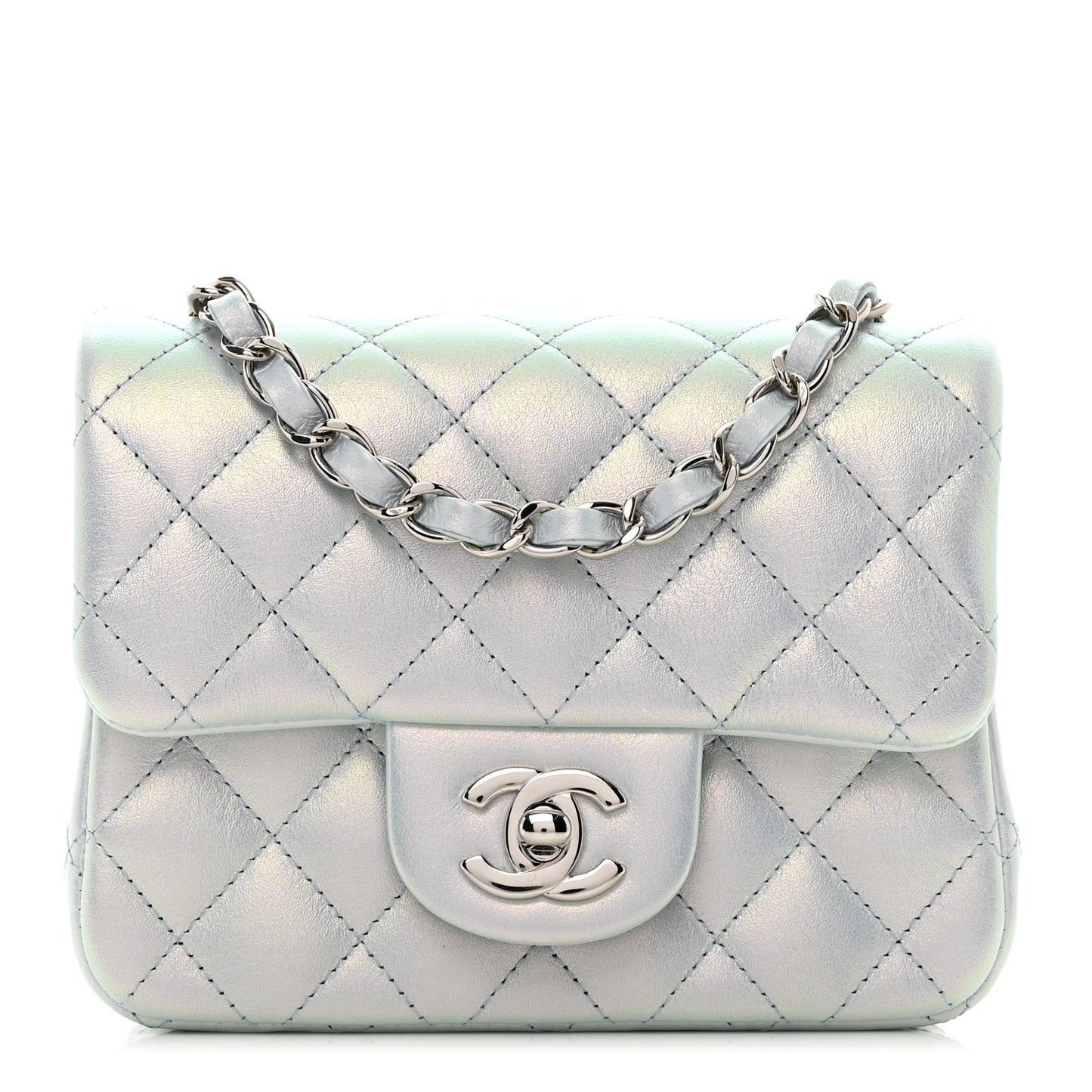 Iridescent Lambskin Quilted Mini Square Flap Light Blue