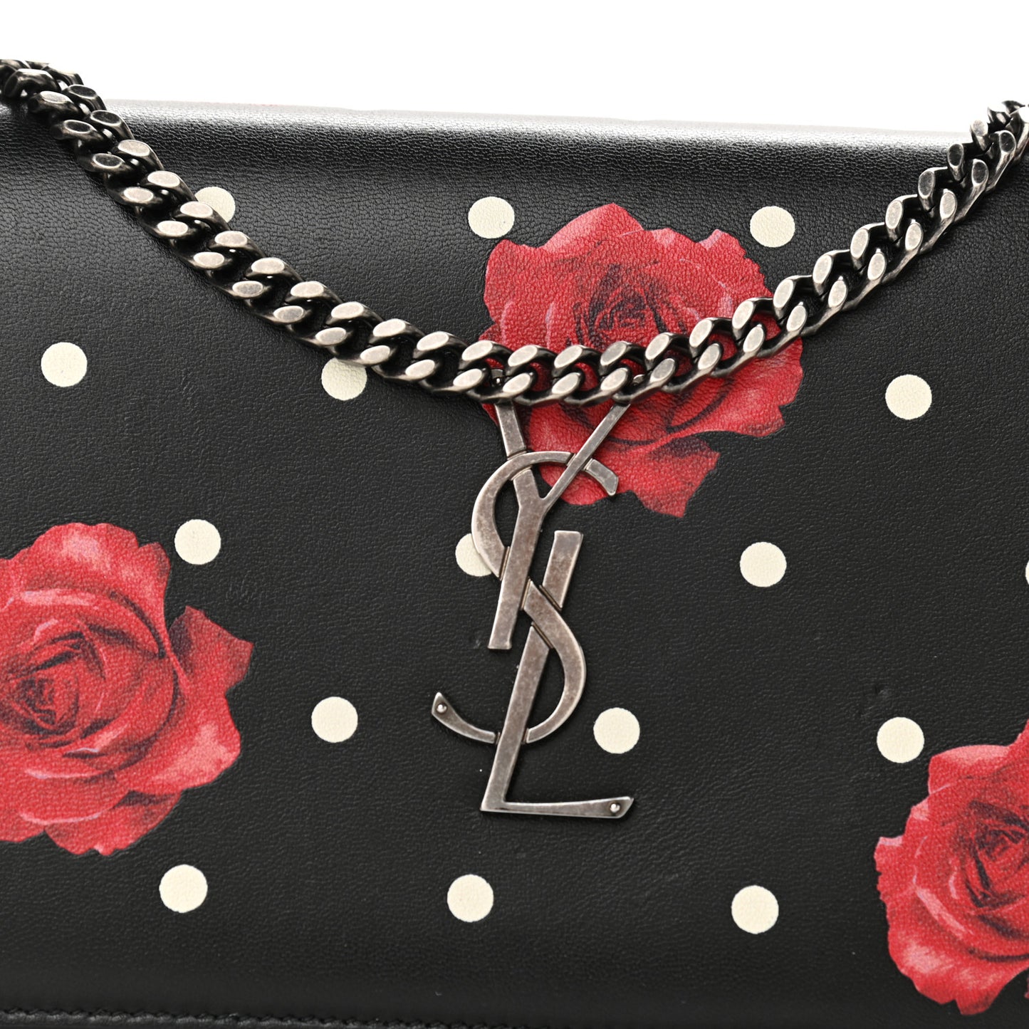 Calfskin Polka Dot Floral Print Monogram Chain Wallet Black