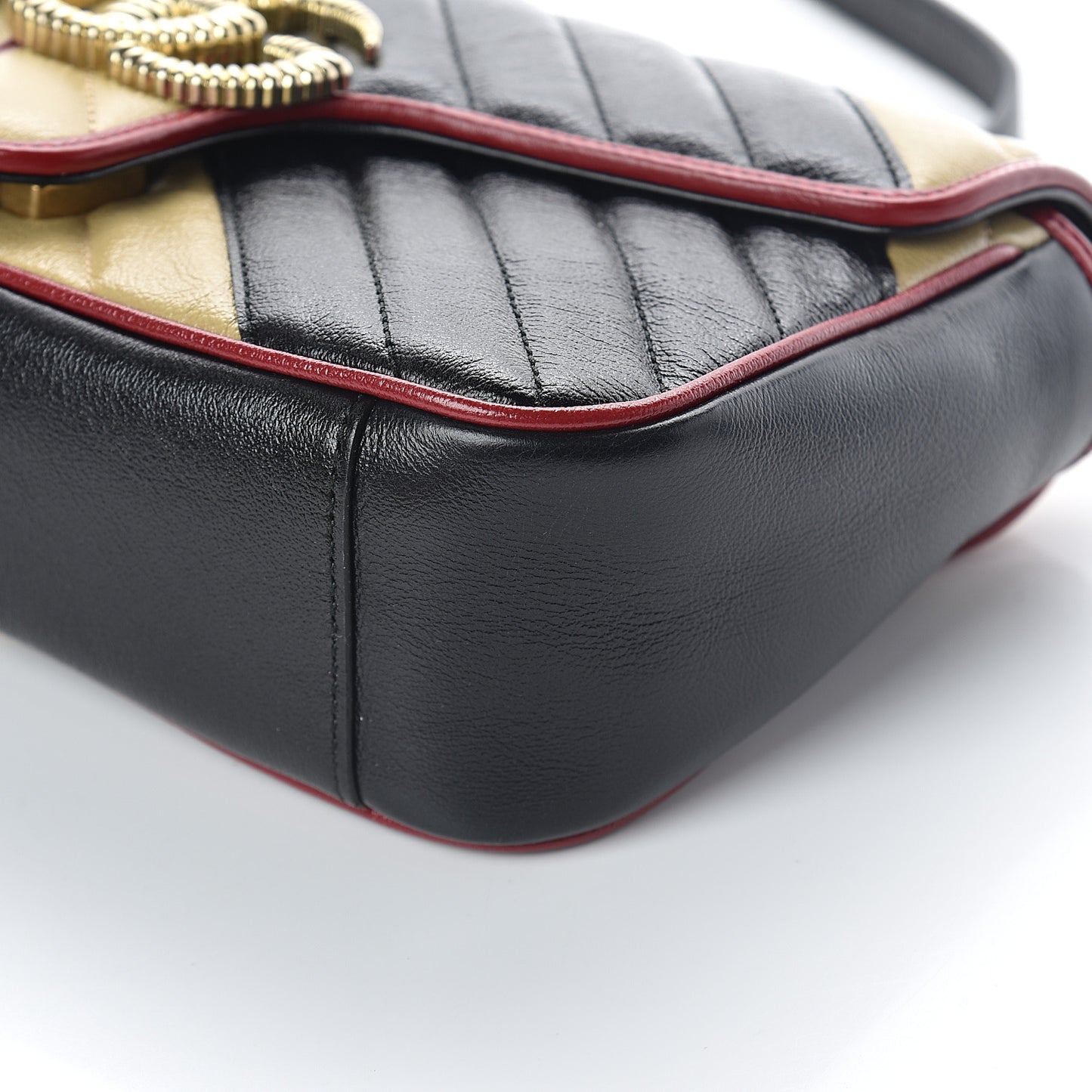 Vintage Effect Calfskin Matelasse Diagonal Striped Small Torchon GG Marmont Shoulder Bag Black Beige